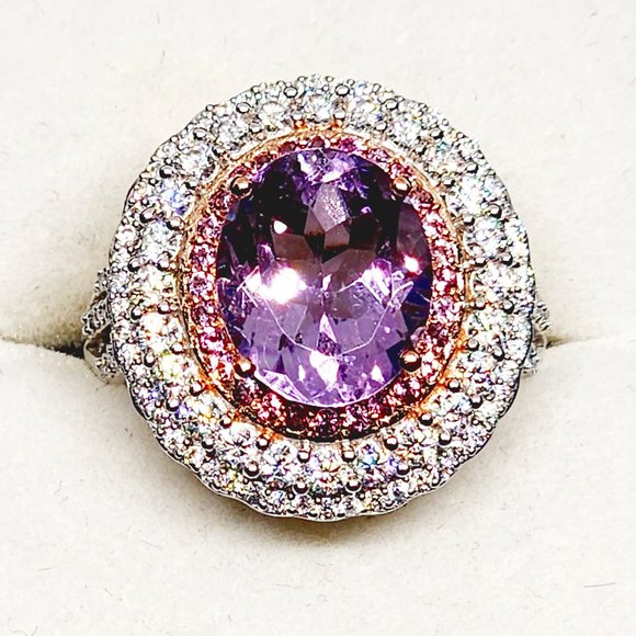 AAA Rose De France Amethyst, Lotus Garnet & Moissanite cocktail ring size 8 - Picture 1 of 6